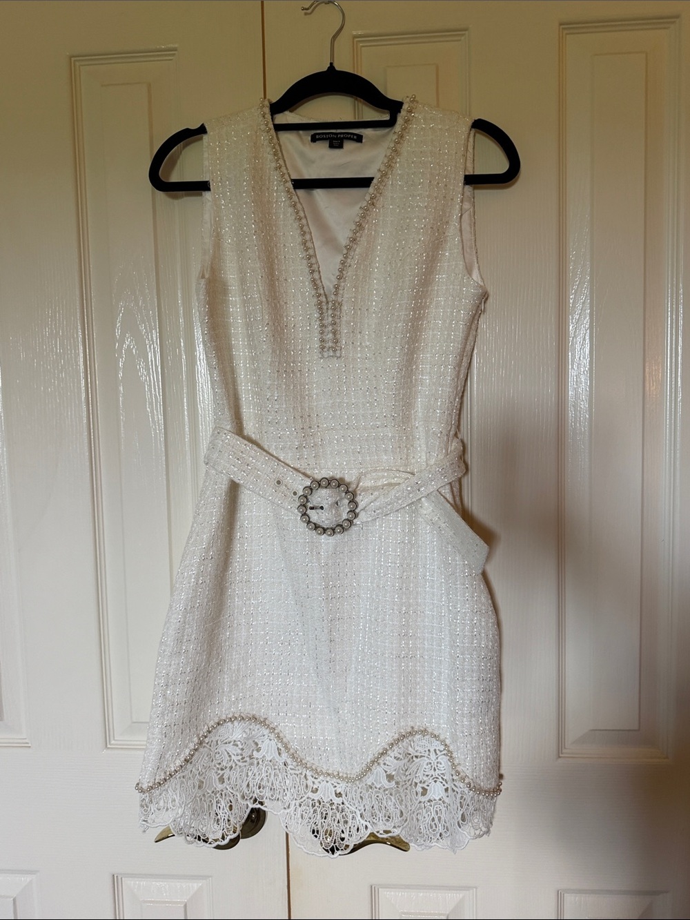 Boston Proper Cream Tweed Sleeveless Mini Dress with Decorative Buckle
